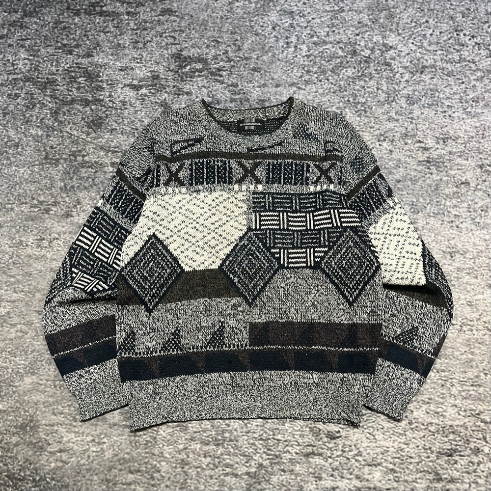 Vintage 90s Expressions Sweater Mens Medium Black Gray Geometric Pattern Grandpa
